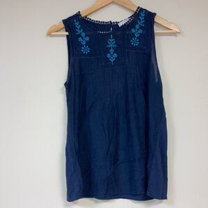 LOFT Tank Top Women’s XS Boho Embroidered Navy Sleeveless Summer Shirt Blouse